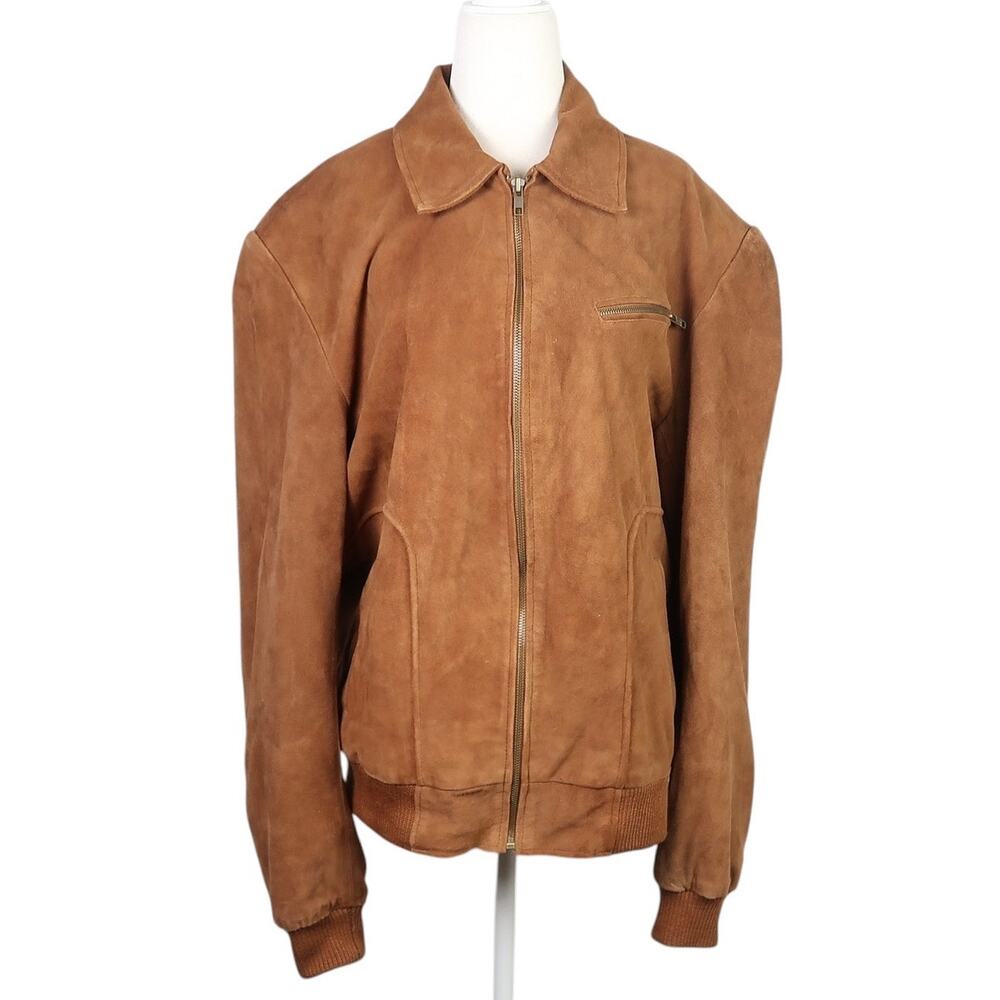 Vintage New Leather World cognac brown suede leather aviator jacket L